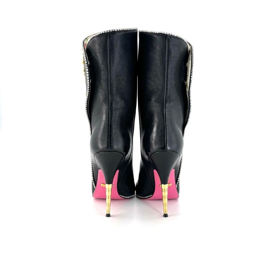 Gucci Intarsia Floral Rhinestone Embellished Black Leather Stiletto Boots 37 - Picture 5 of 10